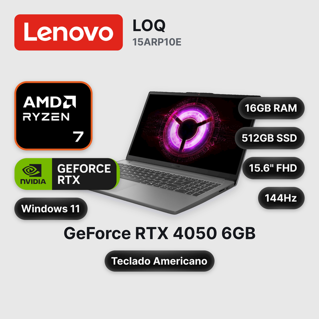 Laptop Lenovo LOQ 15ARP10E Ryzen 7-170 16GB 512GB SSD RTX 4050 15.6" (83S0007FUS)